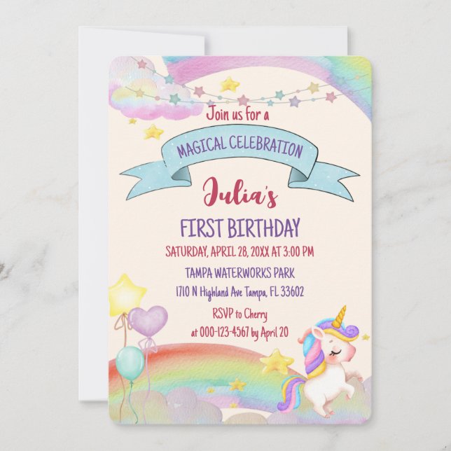 Färg vattenfärg Regnbow Unicorn Girl Birthday Inbjudningar (Framsida)