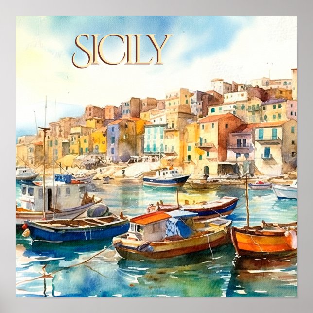 Färg vattenfärg Sicily Harbour Travel Poster (Framsidan)