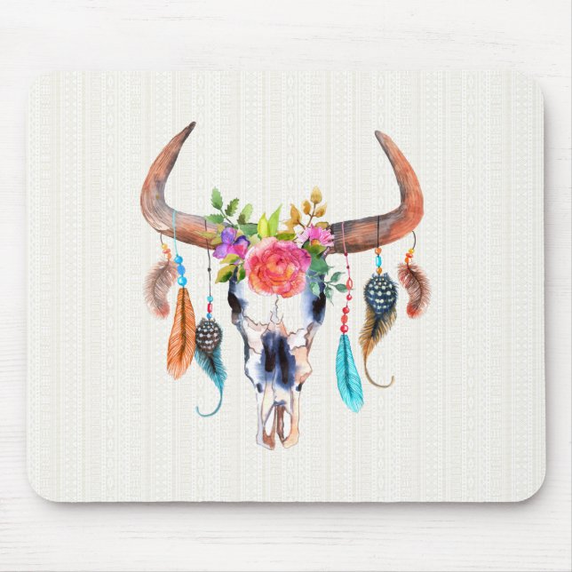 Färg vattenfärgad Bison Skull med horn Musmatta (Framsidan)