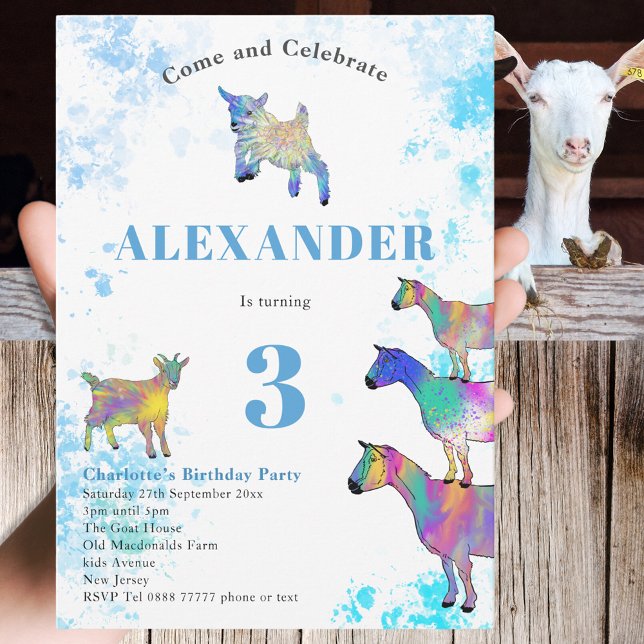 Färg vattenfärgad Födelsedagsfest av getfärgat fet Inbjudningar (Goat themed 3rd birthday party invitation with colorful watercolor farm animal illustrations )