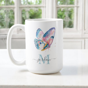Färg vattenfärgsfjäril med Monogram Kaffemugg