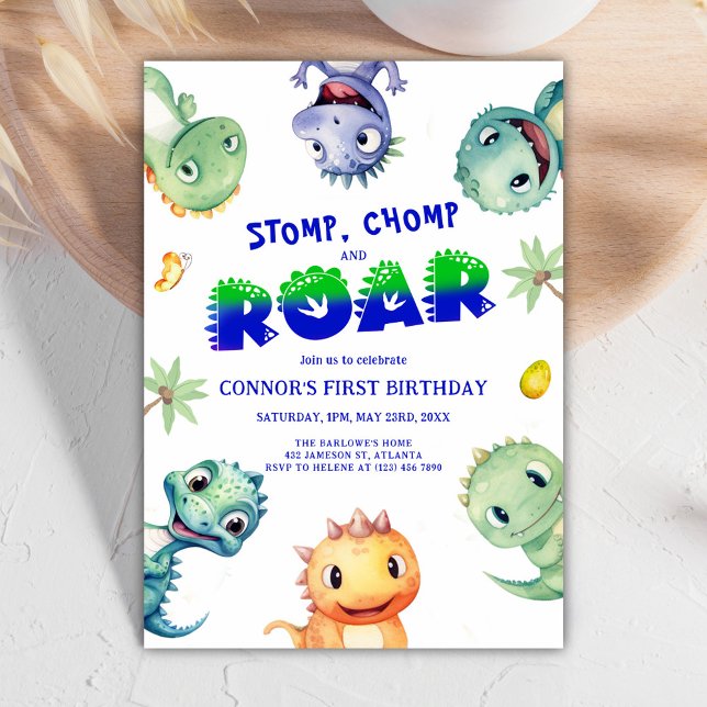 Färg vattenfärgsinosaur första Födelsedagsfesten Inbjudningar (Colorful Watercolor Dinosaur First Birthday Party Invitation)