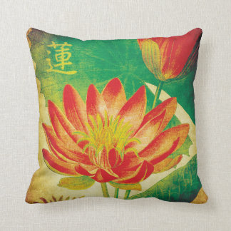 Färg Vintage Lotus Flower med Kanji Kudde
