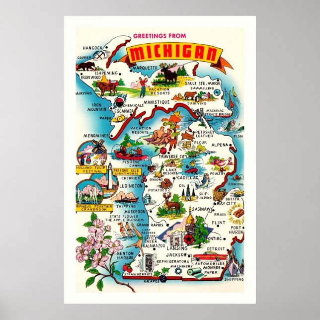 Färg Vintage Michigan Karta Poster Skriv ut (Framsidan)