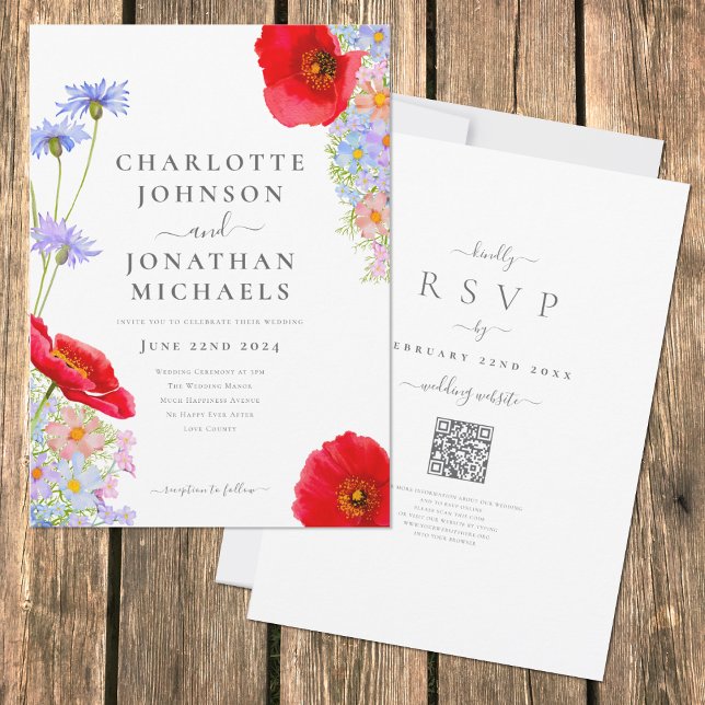 Färg Wildblomma Watercolor Boho QR-kod Inbjudningar (Elegant colorful wildflower boho wedding invitation with qr code and website rsvp)