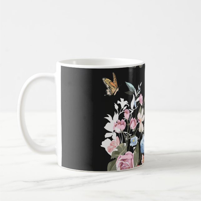 Färga blommor, fjärilar, lungillustration. kaffemugg (Vänster)