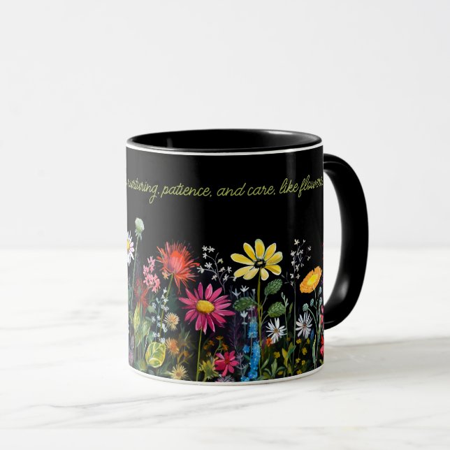 Färga blommor på svart vattenfärg Skriv ut Mugg (Framsida höger)