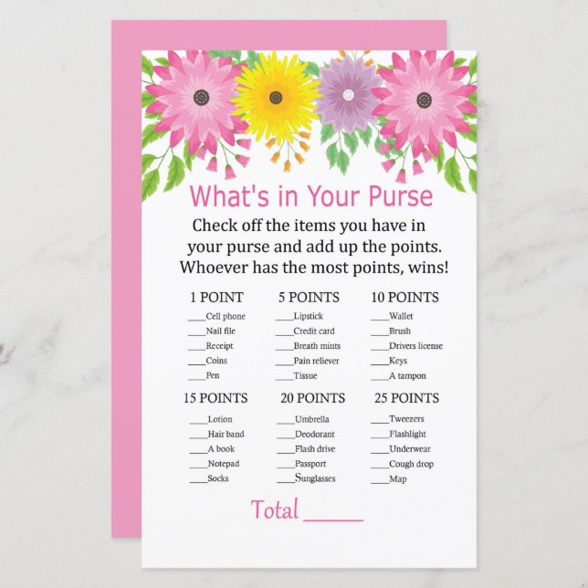 Färga blommor Vad är det i ditt handväska? (Fram/baksida)