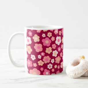 Färga Daisy Blommigt Retro Mönster Rosa Red Kaffemugg