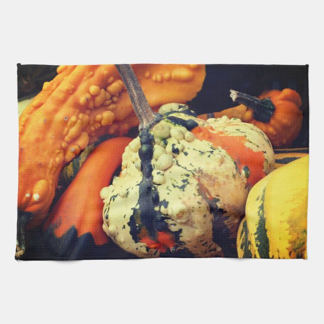 Färga dekorativa gourver närmar sig fallande kökshandduk (Horisontell)