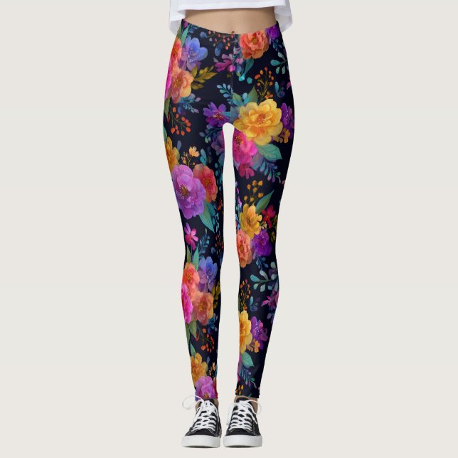 Färga Eleganter Blommor på Blommigten Svart Snyggt Leggings (Framsida)