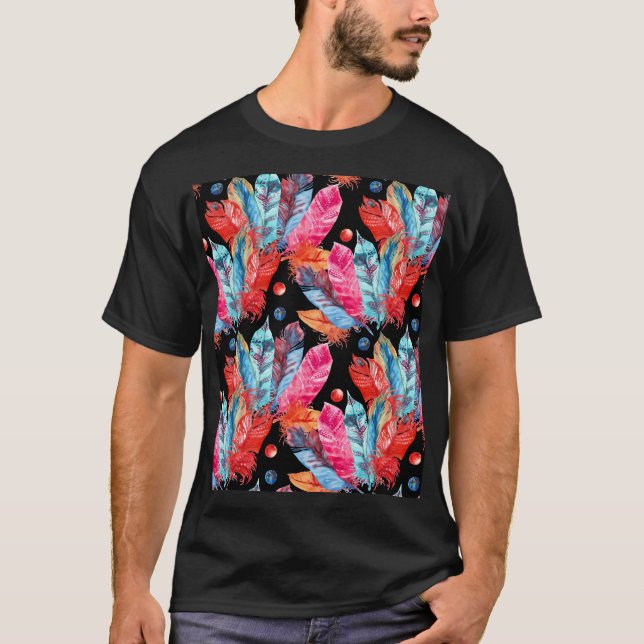 Färga fjädrar, boho, sömlös, vibrerande. t shirt (Framsida)