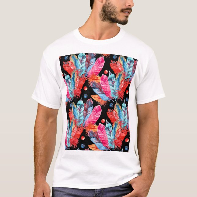 Färga fjädrar, boho, sömlös, vibrerande. t shirt (Framsida)