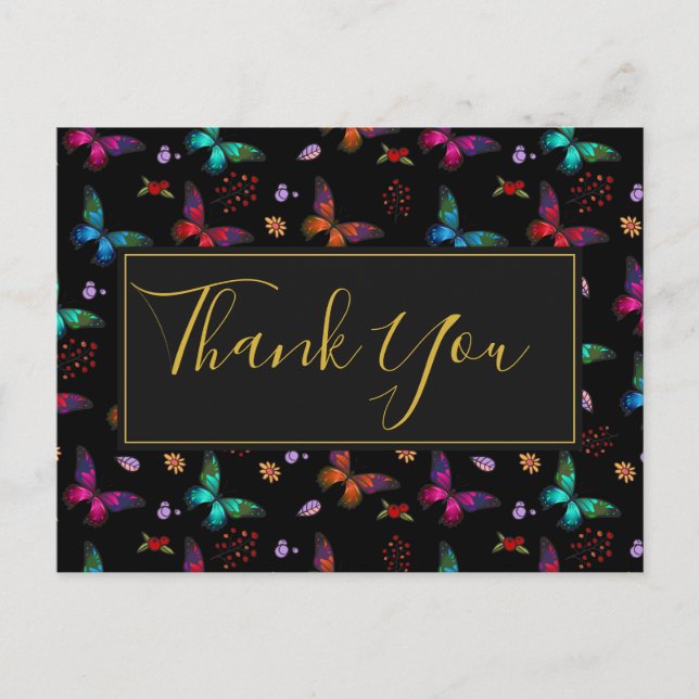Färga fjärilar Mönster på Svarta Party tack Vykort (Framsida)