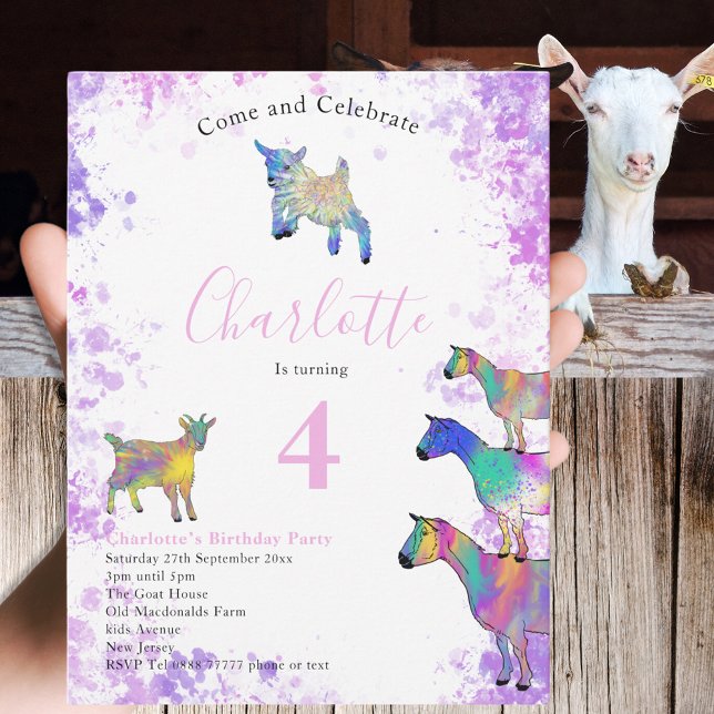 Färga getter Flick kalas Inbjudan Vykort (Colorful watercolor goat themed 4th birthday party invitation for cute farm animal lovers)