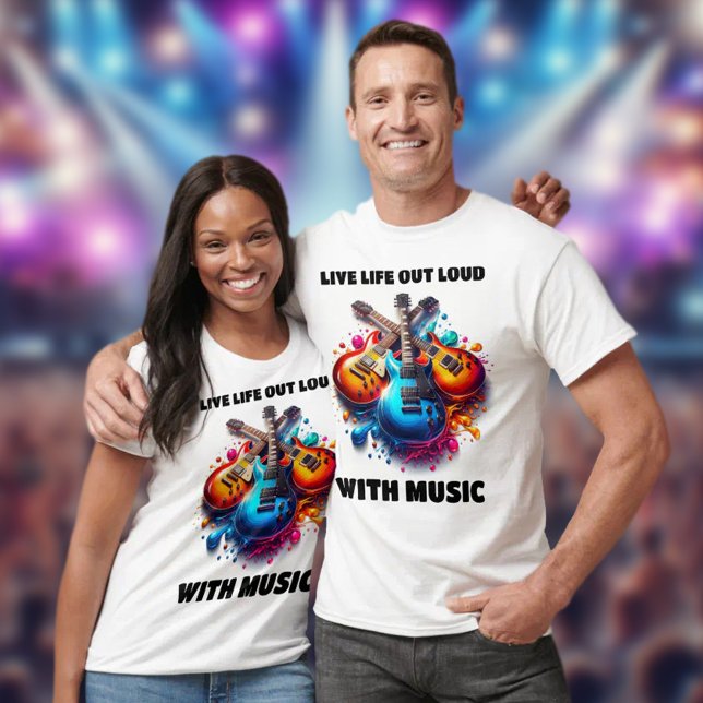 Färga gitarrer lever upp till livet med musik t shirt (Live Life Out Loud with Music Shirts Cover Photo)