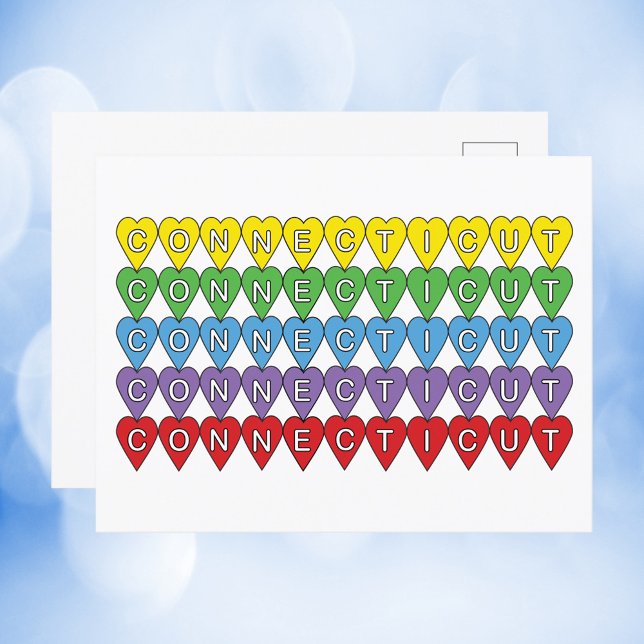 Färga hörn för anslutning vykort (A cute postcard with a colorful heart pattern and the word Connecticut)