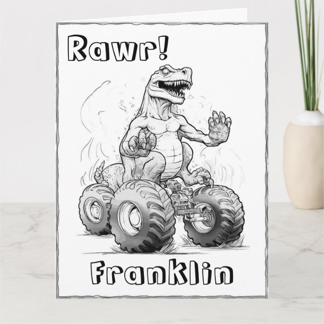 Färga Page Coola Dinosaur Monster Lastbil Birthday Kort (Framsida)