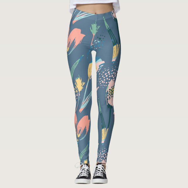 Färga penseldrag moderna blommor mönster leggings (Framsida)