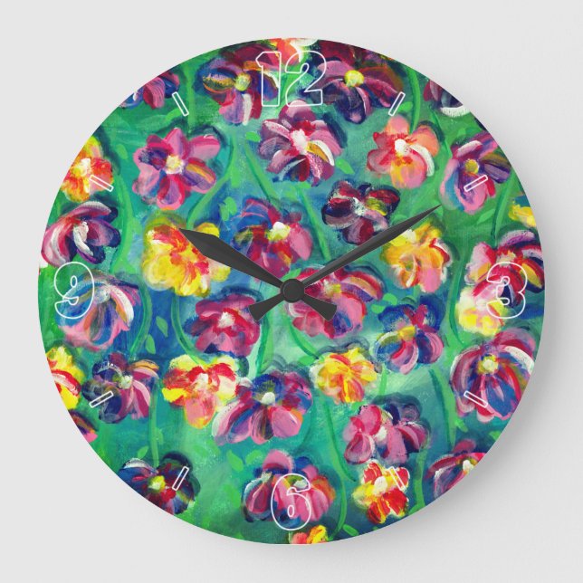 Färga små blommor i Lycklig Originalteckning Stor Klocka (Framsida)