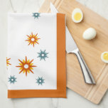 Färga stjärnor i modern design i mitten av århundr kökshandduk<br><div class="desc">Köket med snyggtens moderna kökshandduk. Den här designen börjar i skuggor av turkosblått,  rött orange och gult,  med en skarp orange.</div>