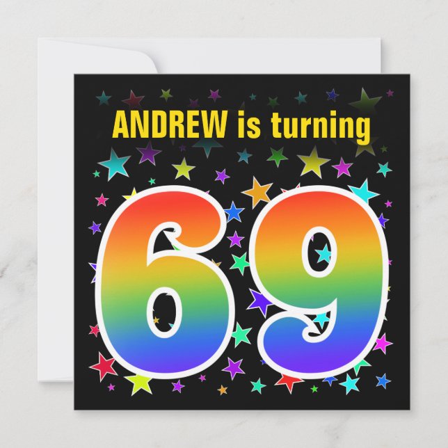 Färga stjärnor + regnbåge Mönster "69" födelsedags Inbjudningar (Framsida)