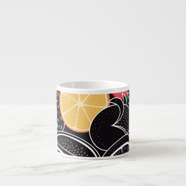 Färga tropiska frukter, svart bakgrund. espressomugg (Framsidan)