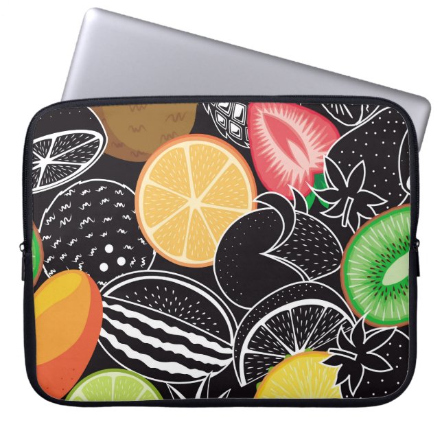 Färga tropiska frukter, svart bakgrund. laptop fodral (Framsidan)
