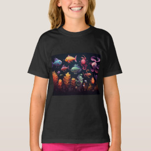 Färga undervattensvarelser på svart t shirt