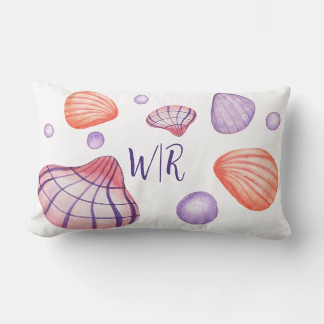 Färga vattenfärgsseasheller med Monogram Lumbarkudde (Framsida)