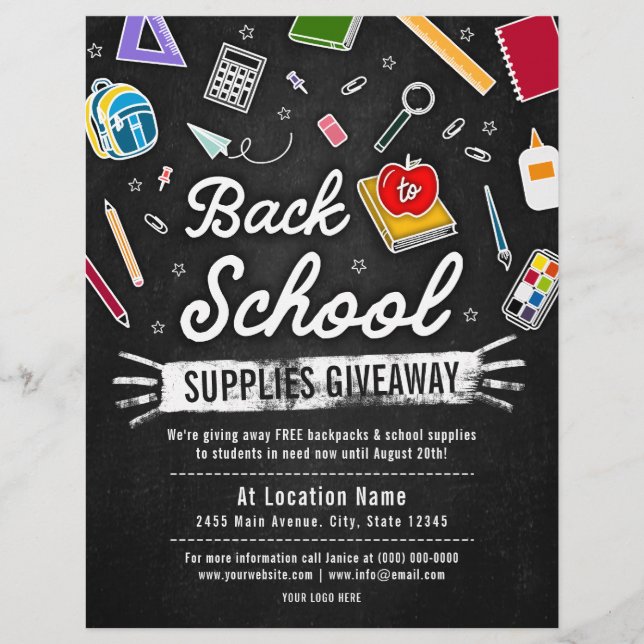 Färgad Back to school Supply Giveaway Chalkboard Reklamblad (Framsidan)