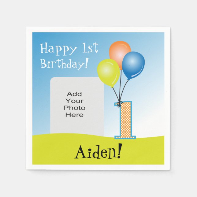 Färgad Balloons Child's 1st Birthday Photo Pappersservett (Framsidan)