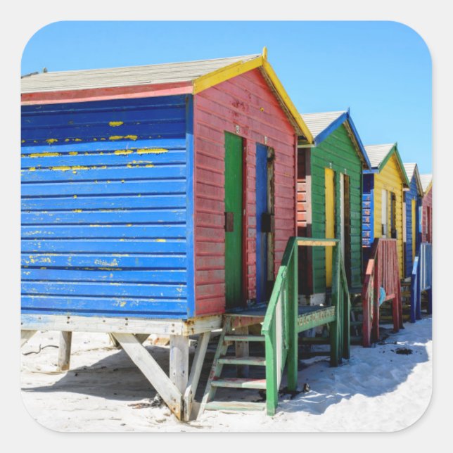 Färgad Beach Huts Fyrkantigt Klistermärke (Framsida)