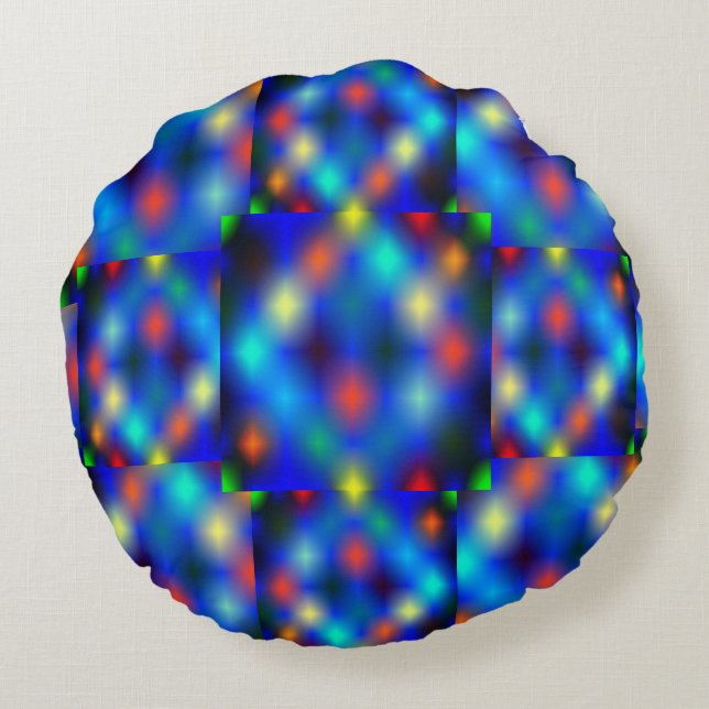 Färgad, bild simulerar flap-flotation, över blått rund kudde (Baksidan)