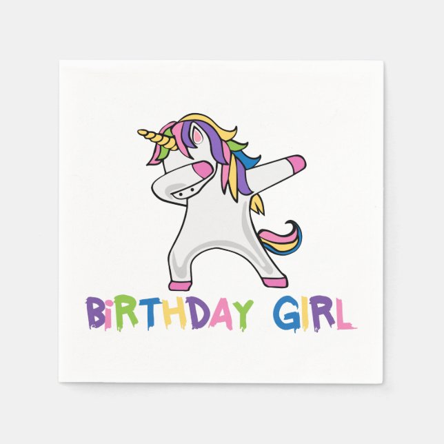 Färgad Dabbing Unicorn Birthday Girl Pappersservett (Framsidan)