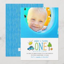 Färgad Doodles 1:a födelsedag Party Car Sunshine Inbjudningar