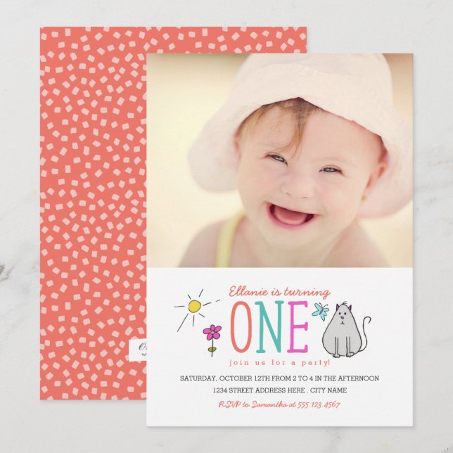 Färgad Doodles 1:a födelsedagen Party Inbjudan | K (Fram/baksida)