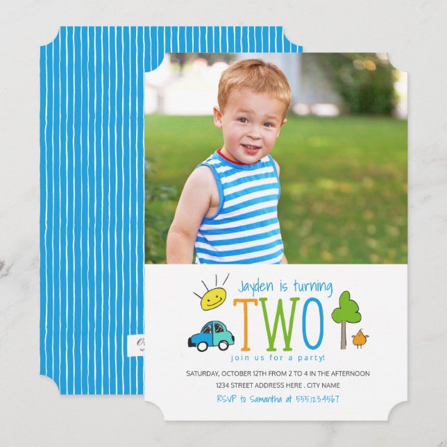 Färgad Doodles 2:a födelsedagen Party Inbjudan / b (Fram/baksida)