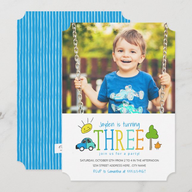 Färgad Doodles 3:e födelsedagen Party Inbjudan / b (Fram/baksida)