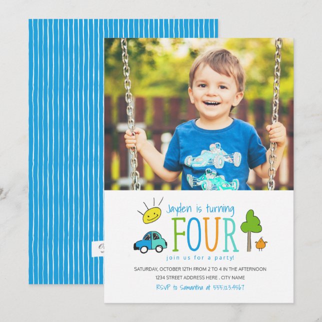 Färgad Doodles 4e födelsedagen Party Inbjudan / bi (Fram/baksida)