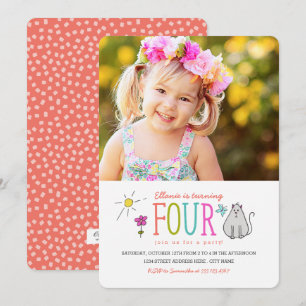 Färgad Doodles 4e födelsedagen Party Inbjudan  Kat