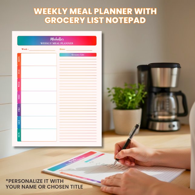Färgad för varje måltidsplanering för Livsmedel-kö Anteckningsblock (Personalized Name and Title Meal Plan and Shopping List Colorful Notepad)