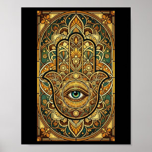 Färgad glasmandalas Hamsa Hand Andlig Meditation Poster