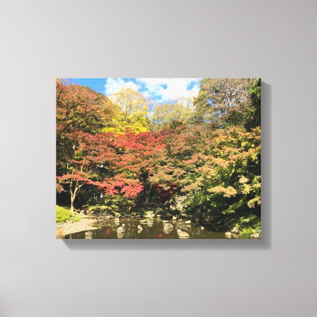 Färgad Maple Träd by Pond Canvastryck (Framsida)