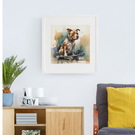 färgad pitbull sitta på skateboard poster