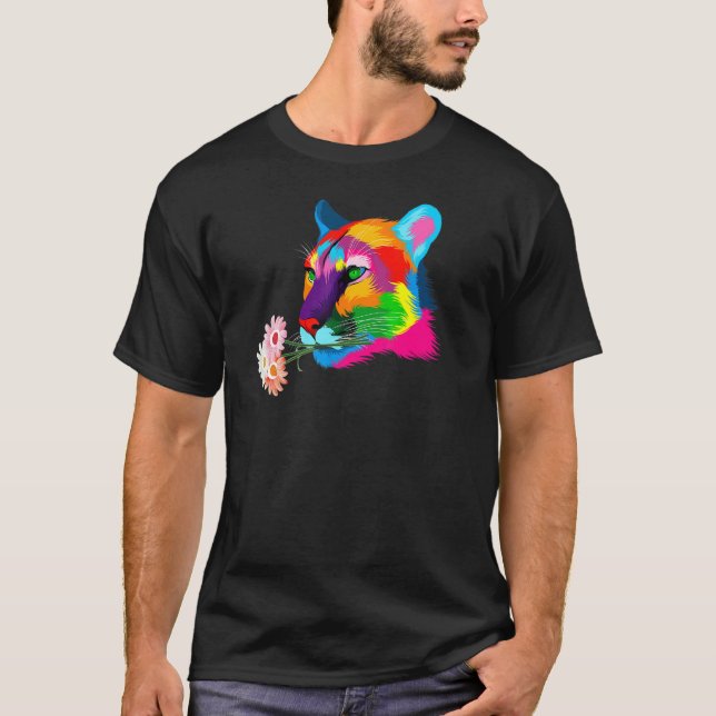 Färgad Puma Färgrik Bergslejon Katt Blommor T Shirt (Framsida)