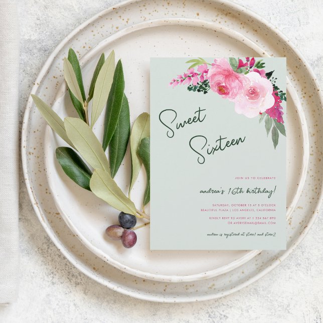 Färgad Rosa för Blommigt Grönt Söt 16 Födelsedagsf Inbjudningar (Skapare uppladdad)
