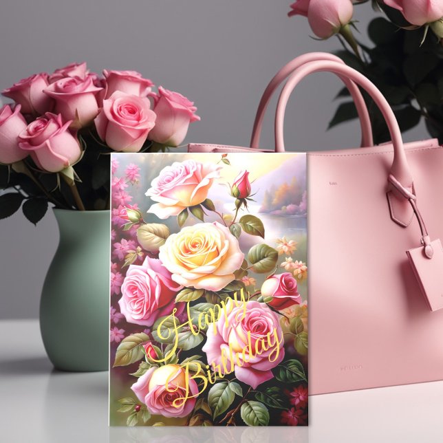 Färgad Rosa Gul ros Blommigt vattenfärg Kort (Skapare uppladdad)