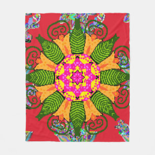 Färgad runda blommigten mandala på röd, grönt och  fleecefilt