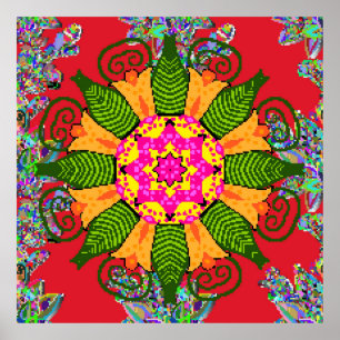 Färgad runda blommigten mandala på röd, grönt och poster